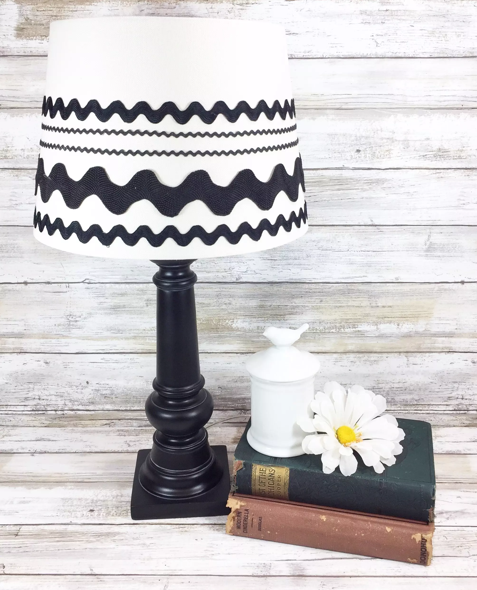 CREATE AN UPCYCLED FARMHOUSE CHIC LAMP WITH RIC-RAC BY CREATIVELY BETH