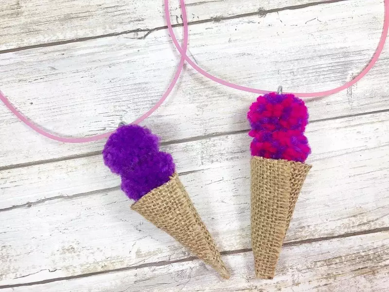 Pom Pom and Burlap Ice Cream Cone Necklace by Creatively Beth