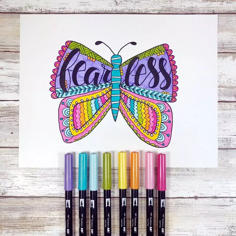 Lettering with Tombow Dual Brush Pens Fearless Butterfly Free Printable from Creatively Beth #freeprintable #butterfly #onelittleword #drawing #doodle #handlettering