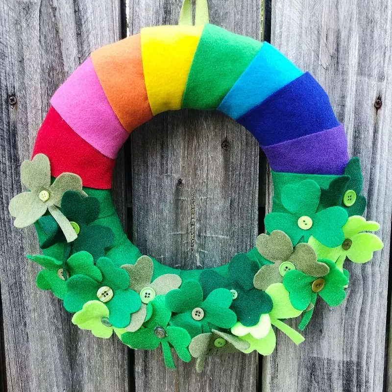 Lucky Rainbow Shamrock Wreath by Creatively Beth #creativelybeth #stpatricksday #crafts #rainbow #shamrock