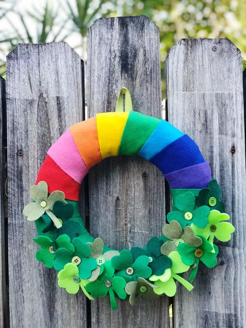 Lucky Rainbow Shamrock Wreath by Creatively Beth #creativelybeth #stpatricksday #crafts #rainbow #shamrock