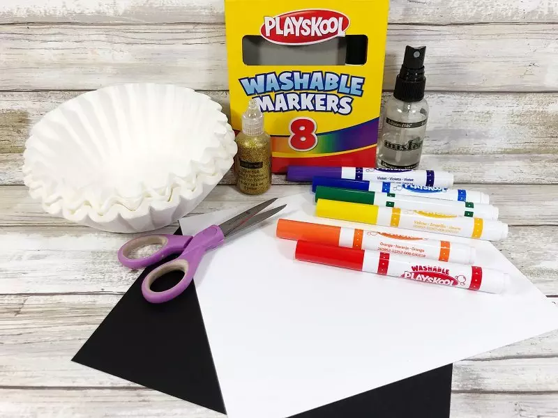Materials needed for Watercolor Coffee Filter Rainbows Creatively Beth #cretivelybeth #dollartreecrafts #kidscrafts #colorblending #rainbowcrafts