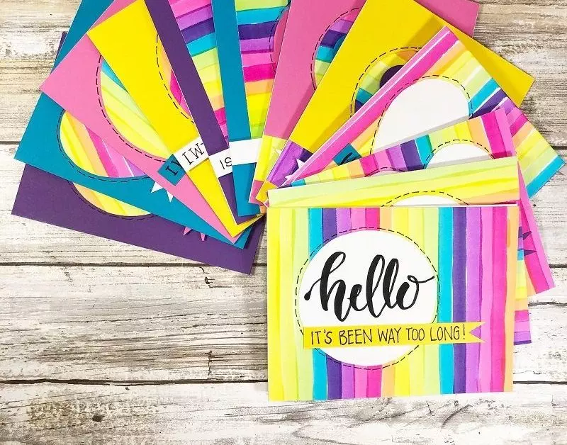 Cards with handwritten words of encouragement in rainbow colors by Creatively Beth #creativelybeth #cards #rainbow #tombowdualbrushpens #handlettering