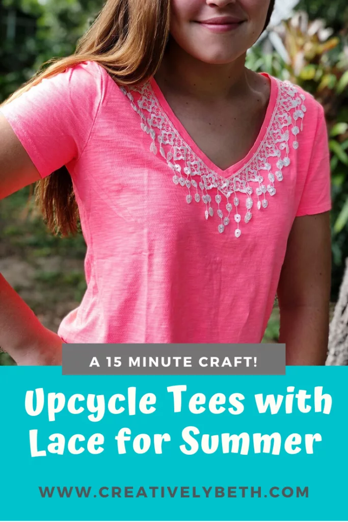 Girl wearing a coral colored tee shirt with white lace fringe trim attached to the neckline with fabric glue. #creativelybeth #upcycled #clothing #lace #tshirt #teeshirt