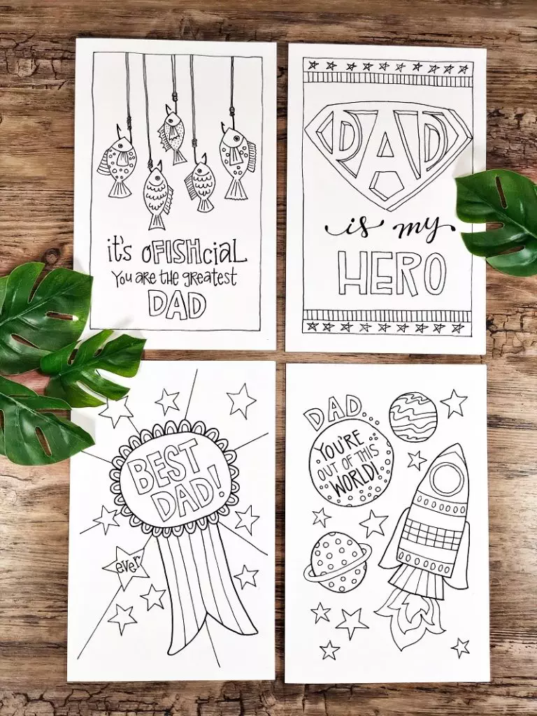 Four hand drawn free printable Fathers Day cards for the kids to color Creatively Beth #creativelybeth #freeprintable #fathersday #cards #handdrawn #coloringpage #printandcolor