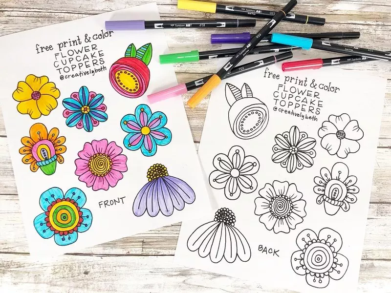 FREE print and color Doodle Flower Cupcake Toppers hand drawn by Beth Creatively Beth #creativelybeth #freeprintable #doodle #flowers #cupcaketopper
