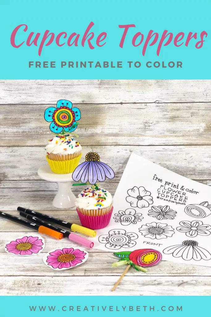 Doodle flower cupcake toppers with a free printable by Creatively Beth #creativelybeth #freeprintable #doodle #flowers #cupcaketopper
