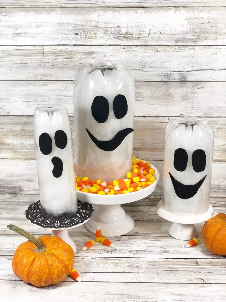 Recycled Bottle Halloween Ghosts by Creatively Beth #creativelybeth #creativecrafts #recycledcrafts #halloweencrafts