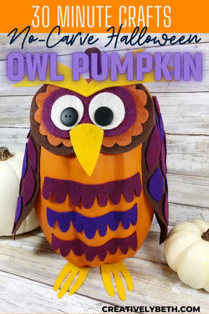 No-Carve Halloween Owl Pumpkin with Free Printable Patterns by Creatively Beth #creativelybeth #pumpkin #nocarve #halloween #craft #owl #feltcrafts