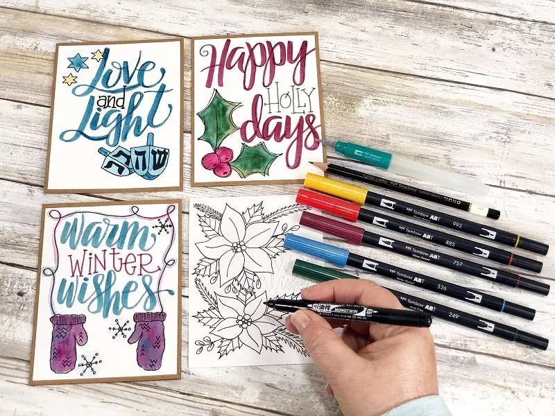 Four Hand-Drawn Holiday Cards to Print and Color with Creatively Beth and Tombow #creativelybeth #tombowdualbrushpens #holidaycards #freeprintable #handlettering