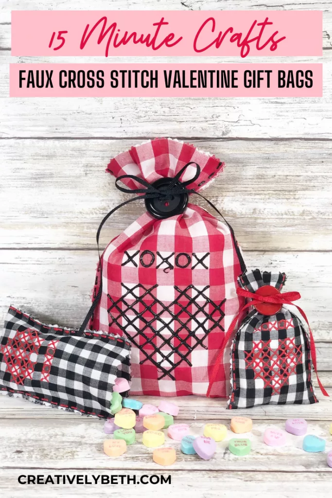 No Sew Faux Cross Stitched Valentines Gift Bags Creatively Beth #creativelybeth #crossstitch #valentinesdaycrafts #nosewcrafts #giftbags