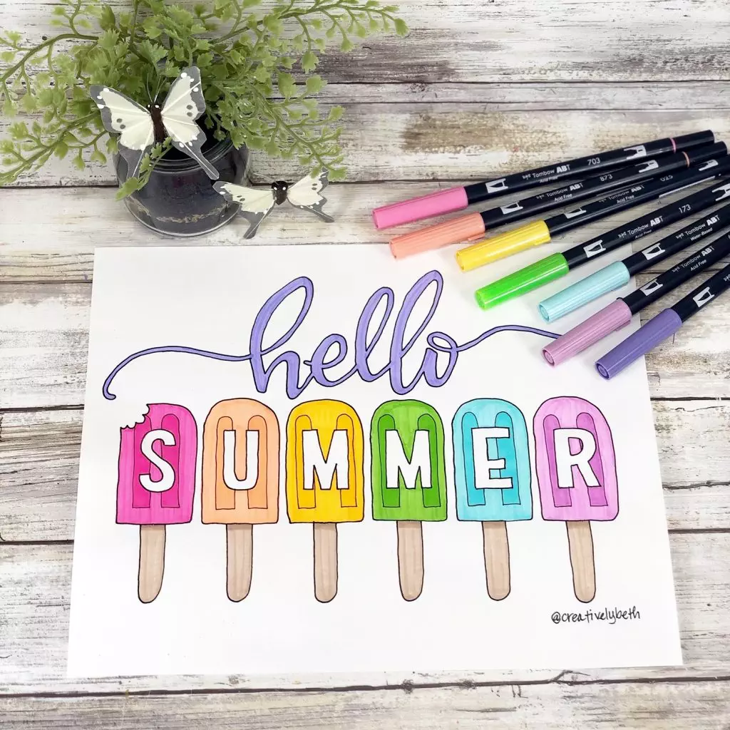 Hello Summer FREE Printable Coloring Page hand-drawn by Creatively Beth #creativelybeth #freeprintable #coloringpage #handdrawn