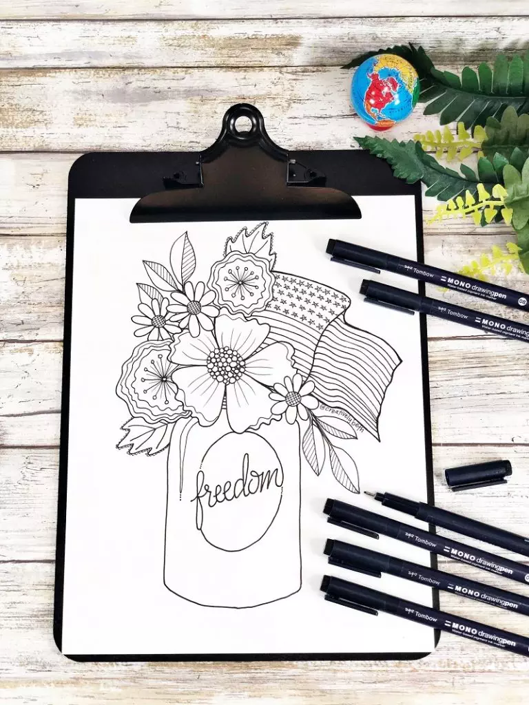 Free Patriotic Floral Printable to Color by Creatively Beth #creativelybeth #teamcreativecrafts #freeprintable #handdrawn #handlettered #patriotic