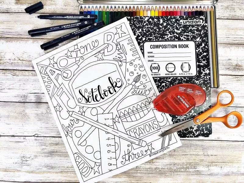 Back to School Notebook Cover to Print and Color by Creatively Beth #creativelybeth #freeprintable #backtoschool #doodle #handdrawn #schoolsupplies