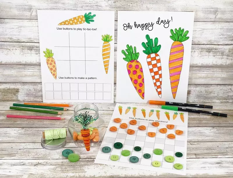 Carrot Button Craft with Free Printable Games for Easter by Creatively Beth #creativelybeth #buttoncraft #eastercraft #freeprintable #eastergames