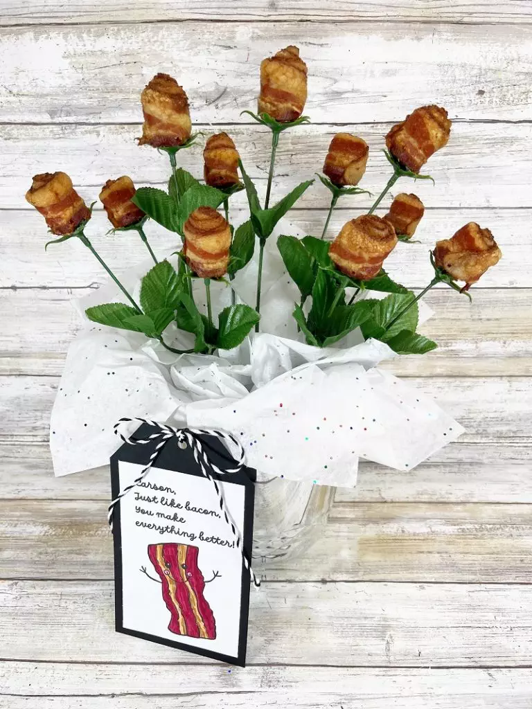 How to Make Bacon Roses with Dollar Tree Supplies and Free Printable Tags by Creatively Beth #creativelybeth #freeprintable #fathersday #giftidea #dollartree #baconroses
