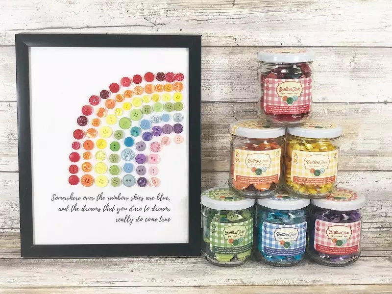 Rainbow Button Art with Free Printable Quote by Creatively Beth #creativelybeth #buttonart #rainbow #wallart #rainbowquote #somewhereovertherainbow #freeprintable #buttonjam