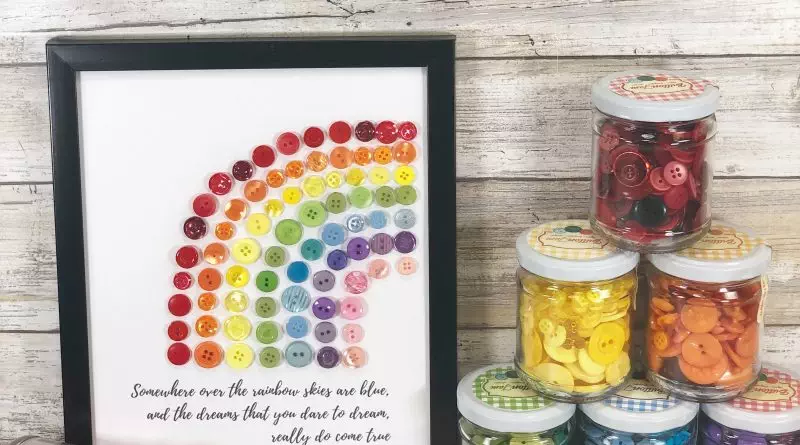 Rainbow Button Wall Art with Free Printable Quote by Creatively Beth #creativelybeth #buttonart #rainbow #wallart #rainbowquote #somewhereovertherainbow #freeprintable #buttonjam