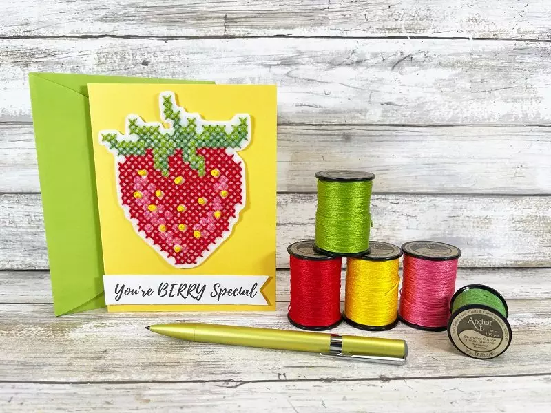 Strawberry Cross Stitch Pattern Free Printable by Creatively Beth #creativelybeth #crossstitch #pattern #freeprintable #strawberry #anchorembroideryflossspools