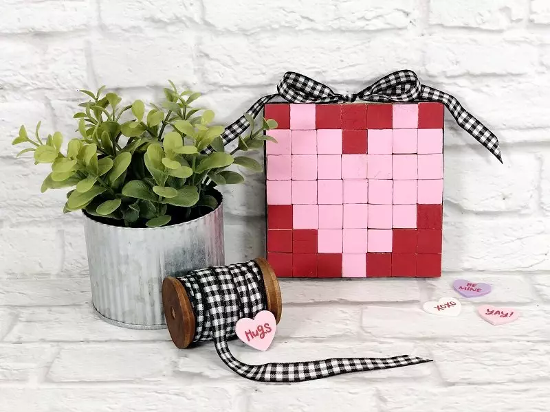 Dollar Tree Crafts Pixel Heart for Valentines Day Creatively Beth #creativelybeth #dollartree #crafts #diy #valentine #valentinesday #heart #miniwoodblock #pixel #art #tieredtray
