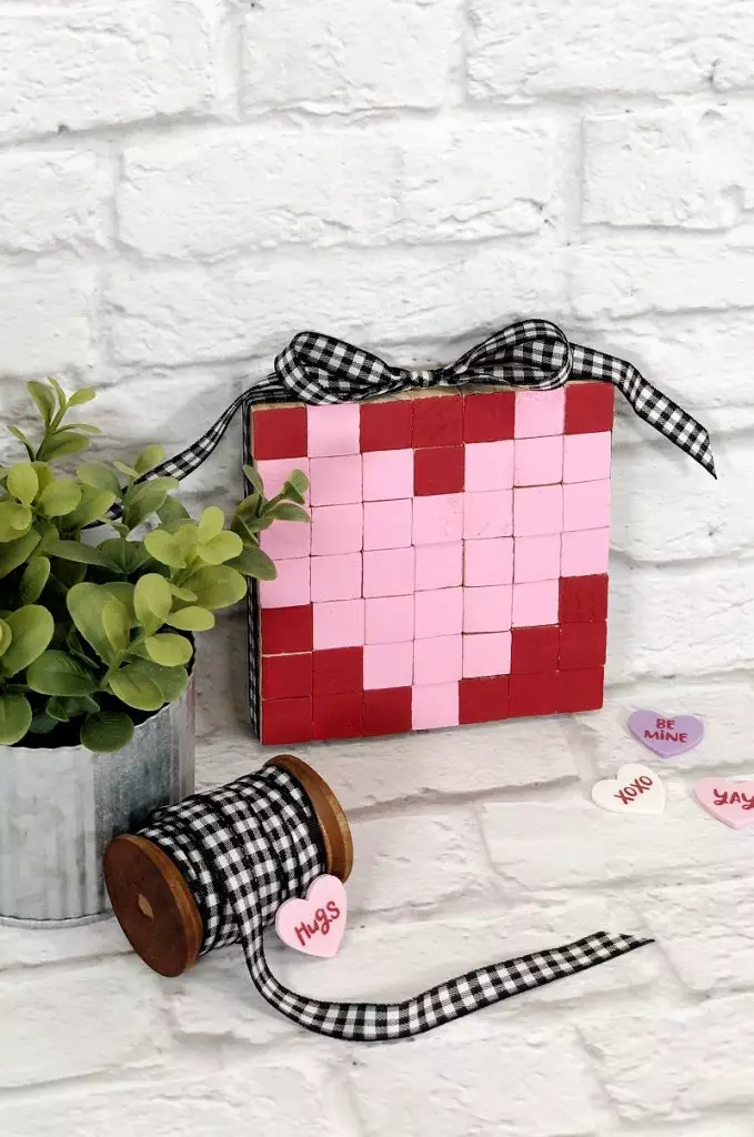 Dollar Tree Crafts Pixel Heart for Valentines Day Creatively Beth #creativelybeth #dollartree #crafts #diy #valentine #valentinesday #heart #miniwoodblock #pixel #art #tieredtray #woodcraftcubes