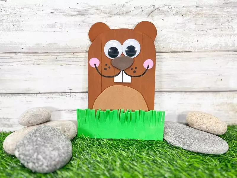 Dollar Tree Craft Stick Groundhog Kids Craft Creatively Beth #creativelybeth #dollartree #craftstick #popsiclestick #kids #craft #diy #groundhog #day #freepatterns