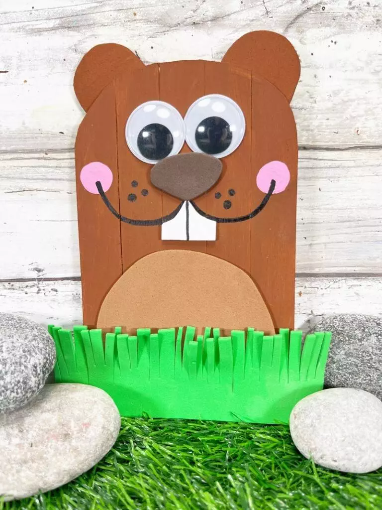 Dollar Tree Craft Stick Groundhog Kids Craft Creatively Beth #creativelybeth #dollartree #craftstick #popsiclestick #kids #craft #diy #groundhog #day #freepatterns