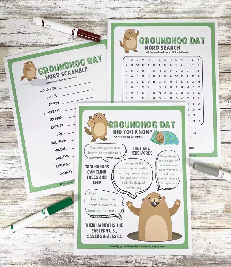 Free Groundhog Day Printables Creatively Beth Word Search Word Scramble Fun Facts #creativelybeth #freeprintable #activities #worksheets #funfacts #wordscramble #wordsearch #answerkey #groundhog #groundhogsday #pdf #difitaldownload #kids #games