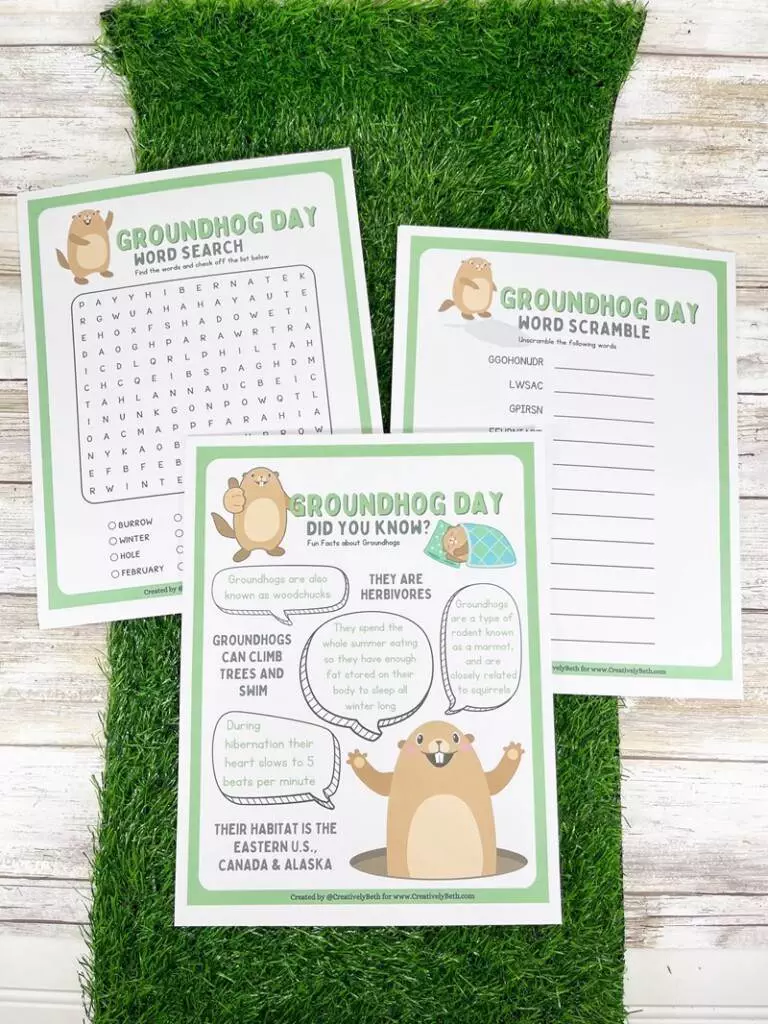 Free Groundhog Day Printables Creatively Beth Word Search Word Scramble Fun Facts #creativelybeth #freeprintable #activities #worksheets #funfacts #wordscramble #wordsearch #answerkey #groundhog #groundhogsday #pdf #difitaldownload #kids #games