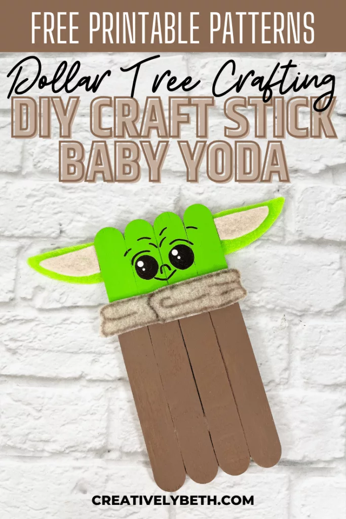 Craft Stick Baby Yoda Grogu Kids Craft Creatively Beth #creativelybeth #babyyoda #grogu #mandalorian #starwars #craftsticks #dollartree #popsiclesticks #diy #freepatterns