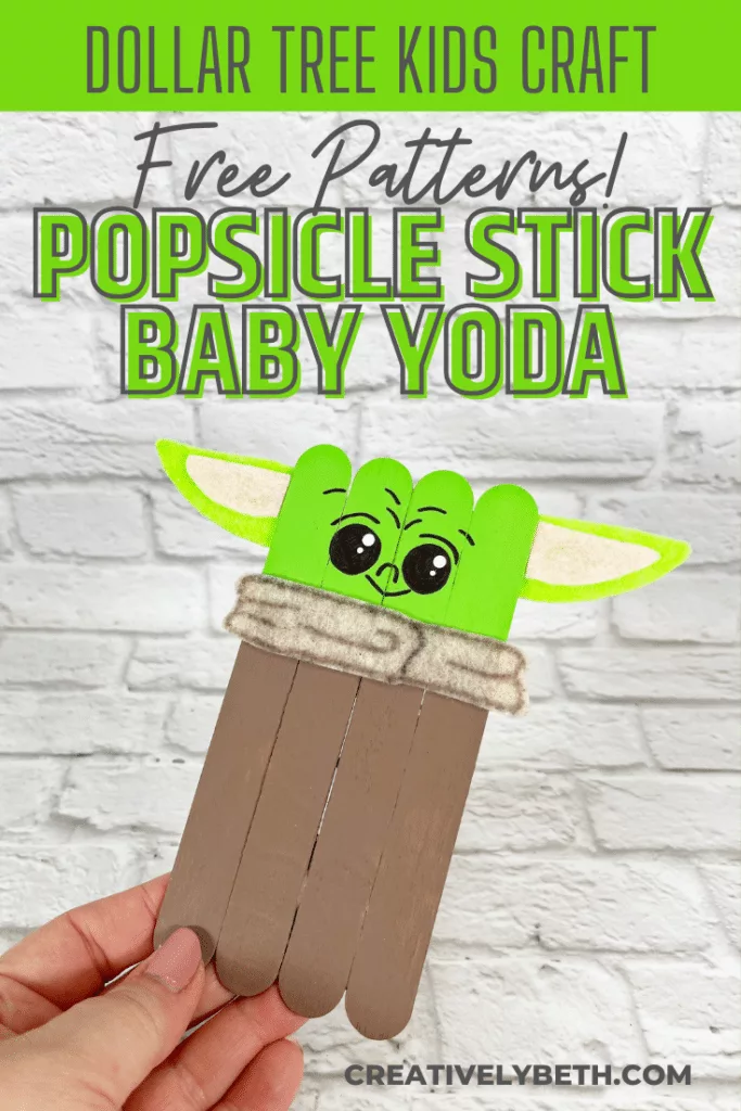 Craft Stick Baby Yoda Grogu Kids Craft Creatively Beth #creativelybeth #babyyoda #grogu #mandalorian #starwars #craftsticks #dollartree #popsiclesticks #diy #freepatterns