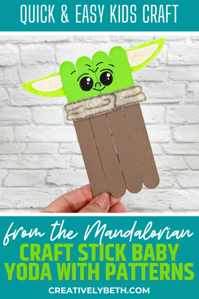 Craft Stick Baby Yoda Grogu Kids Craft Creatively Beth #creativelybeth #babyyoda #grogu #mandalorian #starwars #craftsticks #dollartree #popsiclesticks #diy #freepatterns