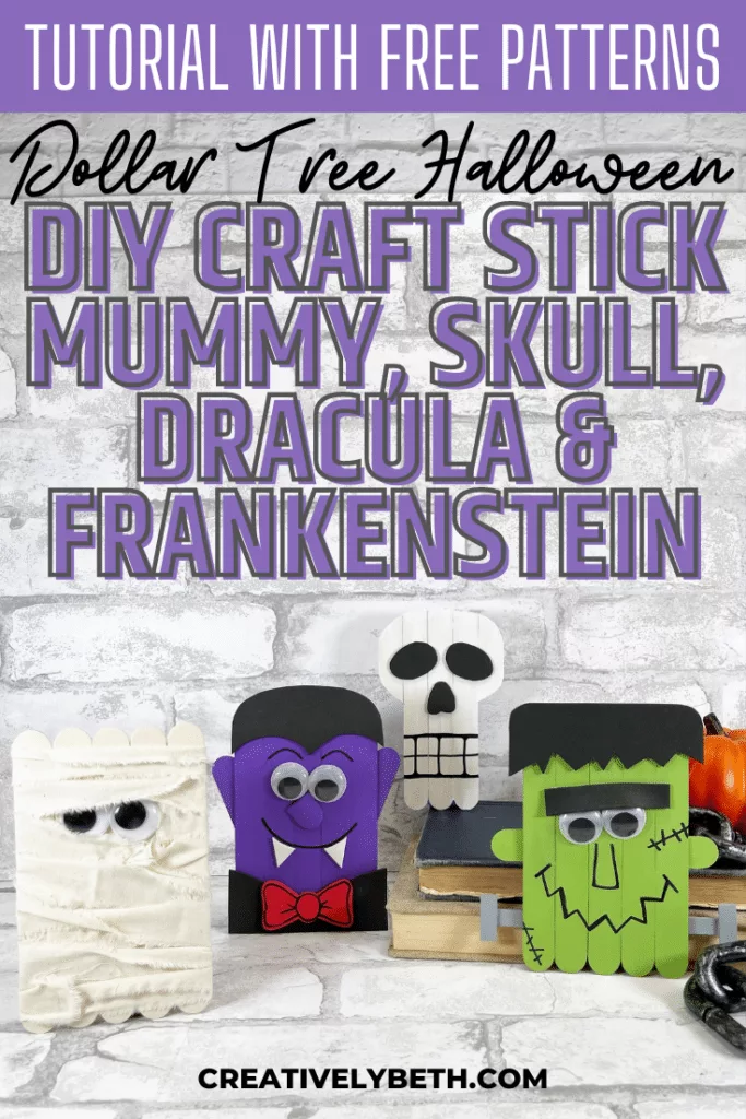 Dollar Tree Halloween Craft Stick Frankenstein and Mummy Creatively Beth #creativelybeth #dollartree #diy #craft #kids #frankenstein #mummy #monsters #halloween #craftstick #popsiclestick #freepatterns