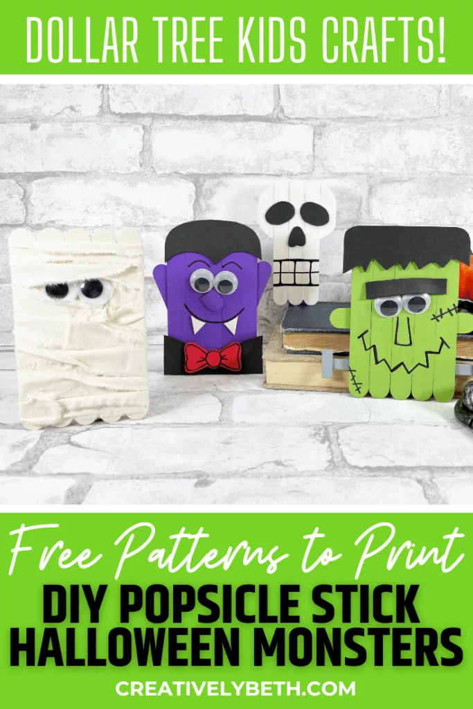 Dollar Tree Halloween Craft Stick Frankenstein and Mummy Creatively Beth #creativelybeth #dollartree #diy #craft #kids #frankenstein #mummy #monsters #halloween #craftstick #popsiclestick #freepatterns