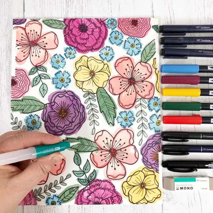 Watercolor with Markers, Painting Watercolour flowers, Tombow Dual Brush  Pens, Adult Coloring 